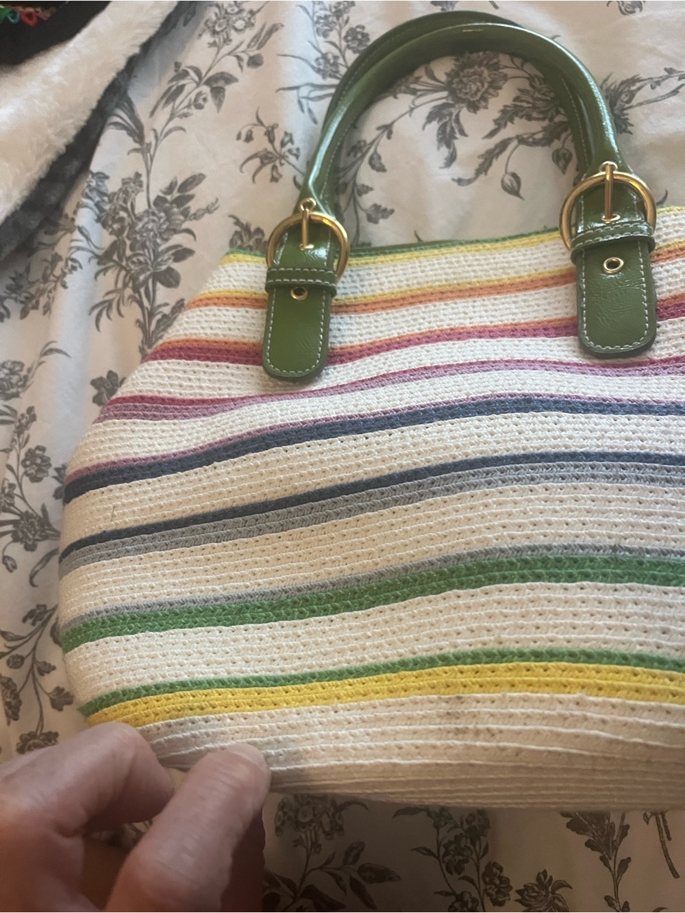 Striped Canvas weaved colorful Tote with Green Handles. Like new.
